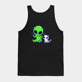 Cute Alien With Cute Cat Alien Cartoon Tank Top